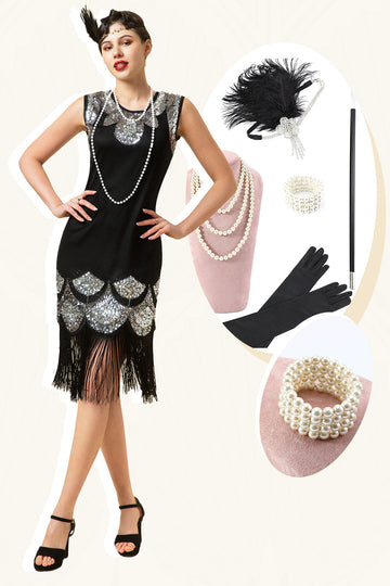 Preto e Prata Fringes 1920s Vestido Com 20s Acessórios Set